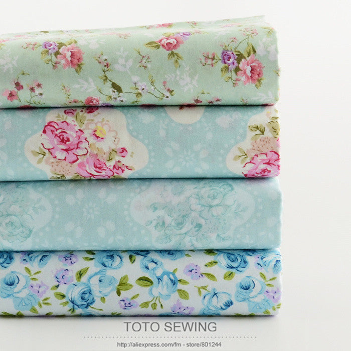 2015 new 4PCS 40cmx50cm light blue set flower Printed cotton fabric for quilting patchwork tecido tela clothing bedding tissus