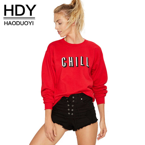 HDY Haoduoyi 2016 Autumn Women Fashion Solid Red Brief Letters Print Loose Sweatshirt Long Sleeve Crew Neck Pullover Sweatshirt