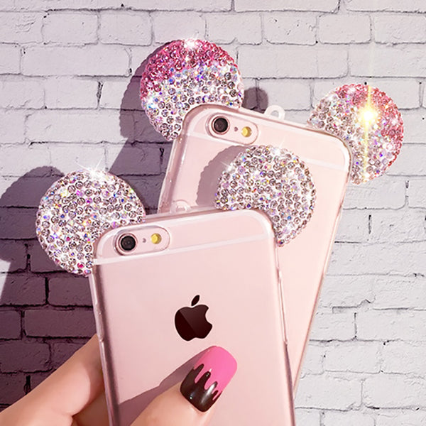 For iPhone 7 6 Case Lovely Cute 3D Mickey Mouse Ear Cover for iPhone 7 6s Plus 5 5s Rhinestone Ears Soft TPU Protect Phone Cases