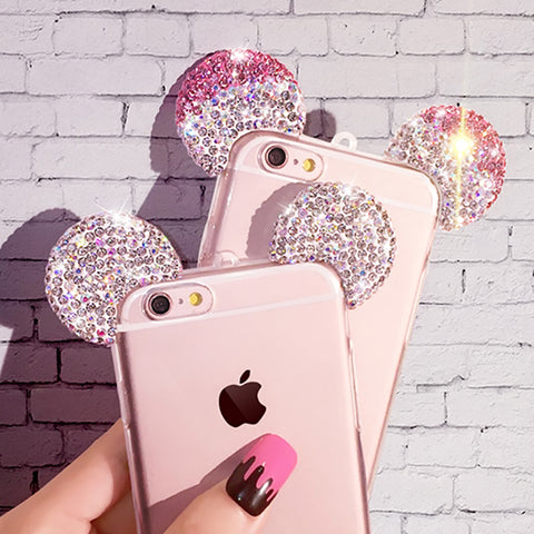 For iPhone 7 6 Case Lovely Cute 3D Mickey Mouse Ear Cover for iPhone 7 6s Plus 5 5s Rhinestone Ears Soft TPU Protect Phone Cases