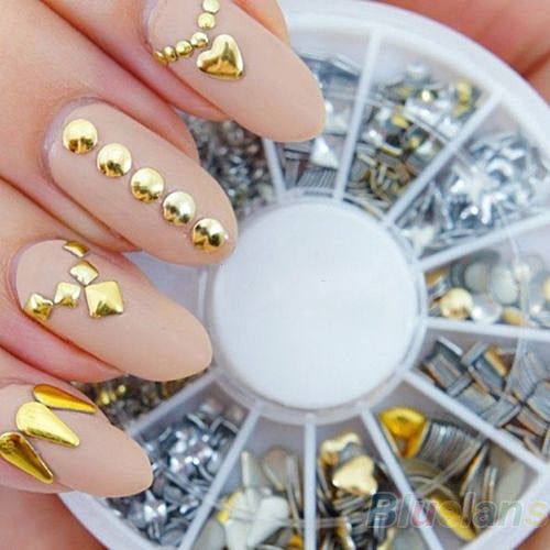 120Pcs Gold / Silver Metal Nail Art Decor Rhinestones Tips Metallic Studs tools sticker 01I7 4AUD