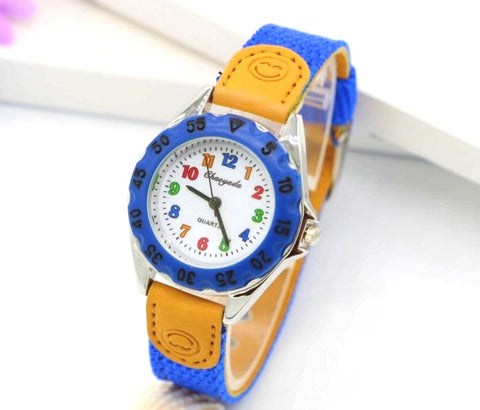 High Quality Blue Boy Black Watch Girl Kids Children's Gift Fabric Strap Learn Time Tutor Student Wristwatch 1486