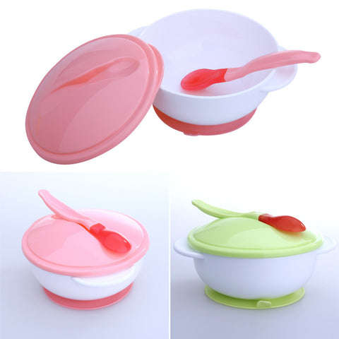 Kids Baby Infants Feeding Bowl with Sucker and Temperature Sensing Training Spoon Suction Cup Bowl Slip-resistant Tableware Set