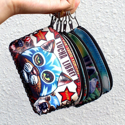 New graffiti cat elephant owl coin purse,Change purse card holder Handmade Hem wallets purse women clutch zipper coins bag pouch