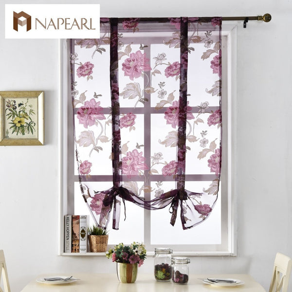 Floral roman curtains short kitchen door curtains purple tulle fabrics sheer panel modern curtains flower window treatment