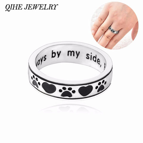 QIHE JEWELRY Personalised Engraved "Always by my side,Forever in my heart" Dog Pawprint Wrap Ring Pet Memorial Dog Lover Gift