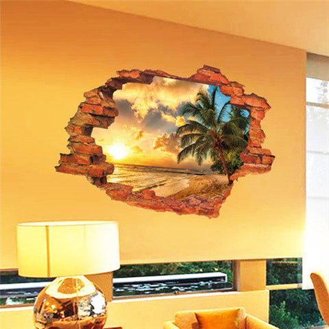 Free shipping:3D Broken Wall Sunset Scenery Seascape Island Coconut Trees Household Adornment Can Remove The Wall Stickers
