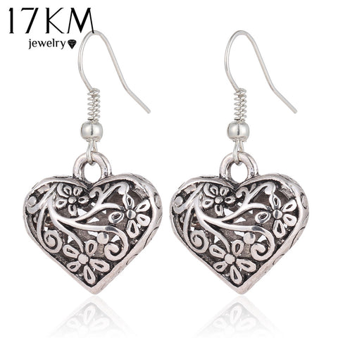 17KM 2016 New Tibetan Antique Silver Color Hollow Heart Drop Earring for Women boho Retro Vintage Flower Dangle Earing