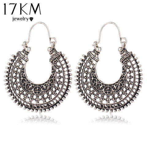 17KM New Hollow Out Double Sides Tibetan Silver Color Hoop Fashion Vintage Earrings For Women Wholesale Jewelry Drop Shipping