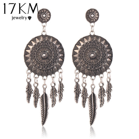 17KM 2016 Dream Catcher Hollow out Vintage Leaf Feather Dangle Earrings For Women Bohemia Style Earring Indian Jewelry
