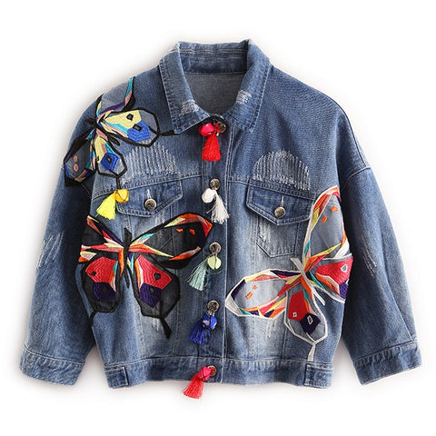 Colorful Butterfly Embroidery Ladies Jean Jackets Patch Designs Womens Denim Coats with Tassel Short Chaquetas Mujer Slim Jacket