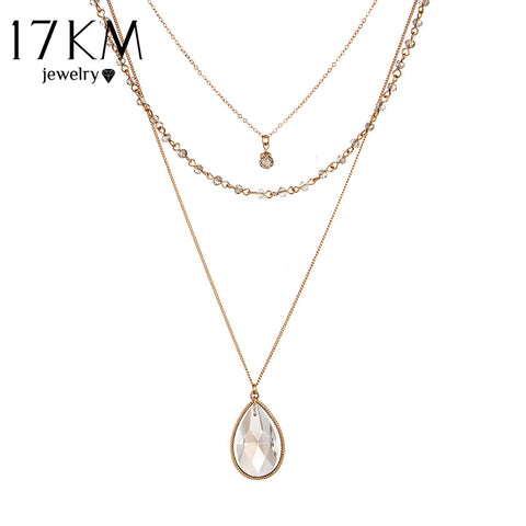 17KM Vintage Gold Color Multilayer Chain Crystal Water Drop Pendant Necklace Bead Bar Colares Jewelry Collier bijoux femme