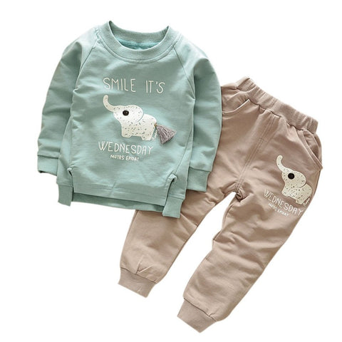 Foe Kids Clothes Autumn/Winter Baby Boys Girls Cartoon Elephant Cotton Set Children Clothing Sets Child T-Shirt+Pants Suit