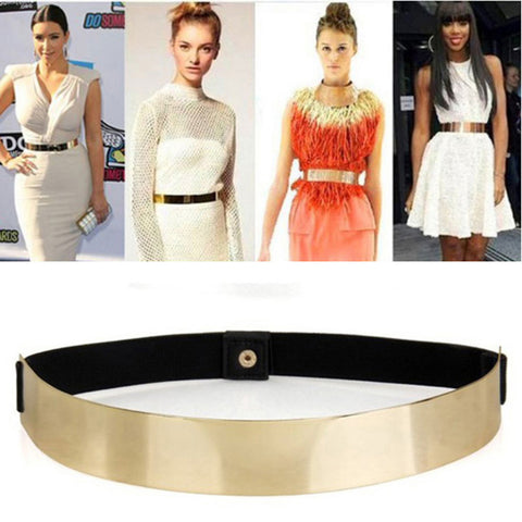 1Pc Sexy Lady Women Elastic Mirror Metal Waist Belt Metallic Bling Gold Plate Wide Band for Women Female Accessories Dress Hot