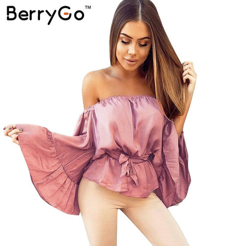 BerryGo Sexy off shoulder ruffle satin blouse shirt Soft flare sleeve bow summer tops Elegant glossy pink women blouses blusas