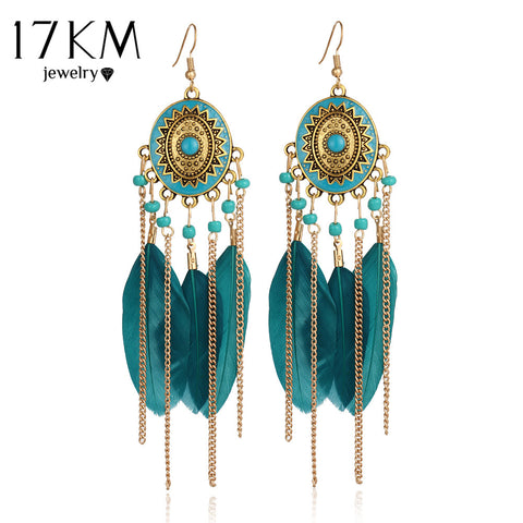 17KM 2016 Bohemia Vintage Women Long Feather Drop Earrings Tassel Bead Ethnic Indian Charm Brincos Jewelry Pendientes Bijoux