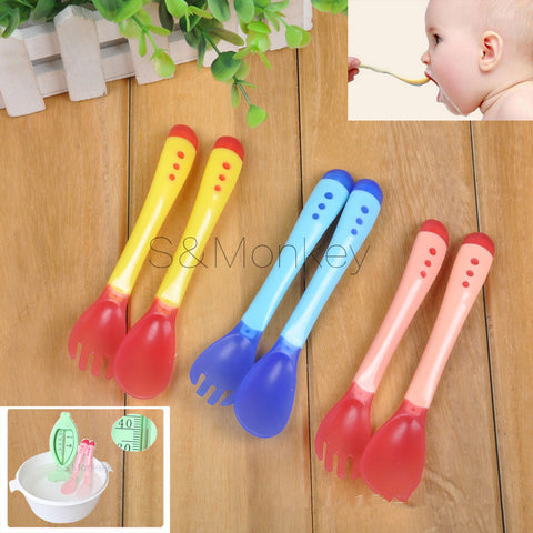 1 pc baby care New Safety Temperature Sensing Spoon fork Baby Flatware Feeding Spoon Baby Kids Weaning Silicone Head Tableware
