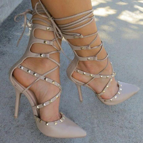 Roman Sandals Women Pumps European New Style Booties Ladies Sexy Hollow Cross Lace Up Rivets Stiletto High Heels Shoes Woman