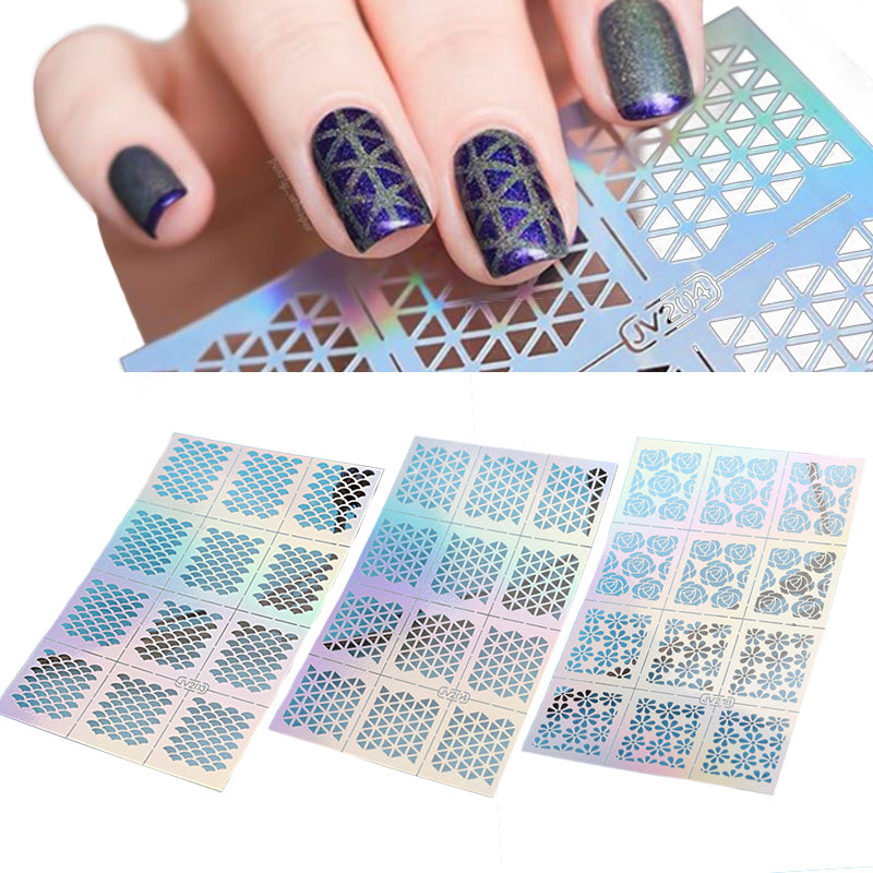 12 Tips/Sheet Fish Scale Nail Vinyls Irregular Triangle Grid Pattern Easy Use Nail Art Tips Manicure Stencil Nail Hollow Sticker