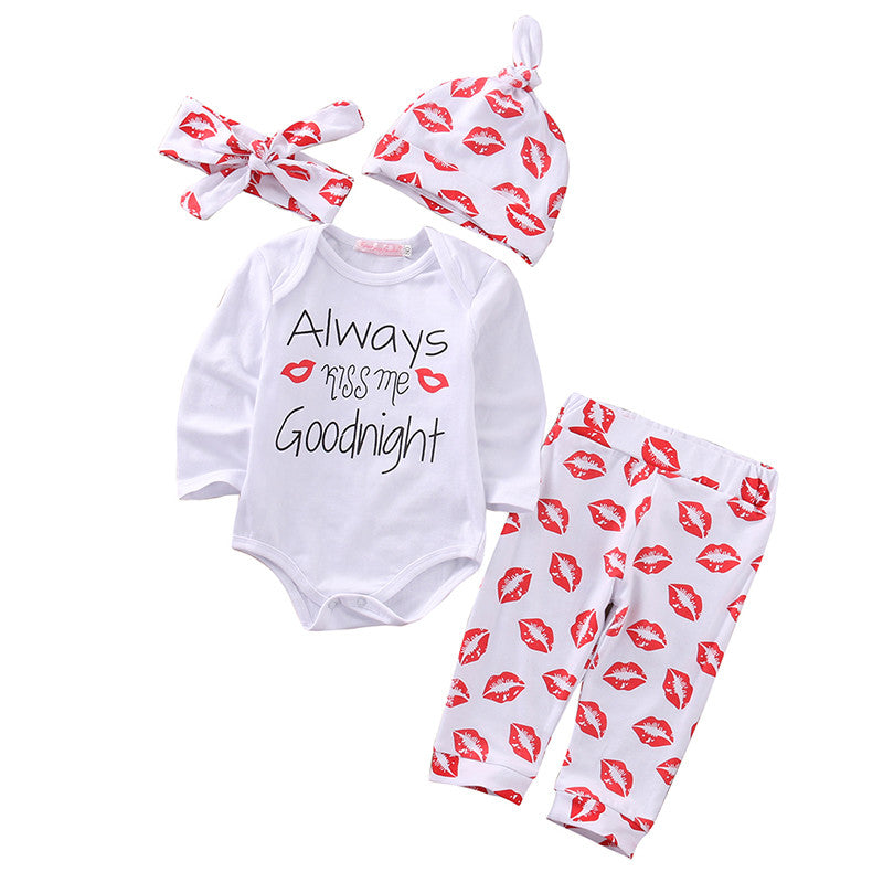 Cute 4PCS Newborn Baby Girl Clothes Long Sleeve Cotton Romper Pants Hat Headband Outfits Bebek Giyim Clothing Set 0-24M