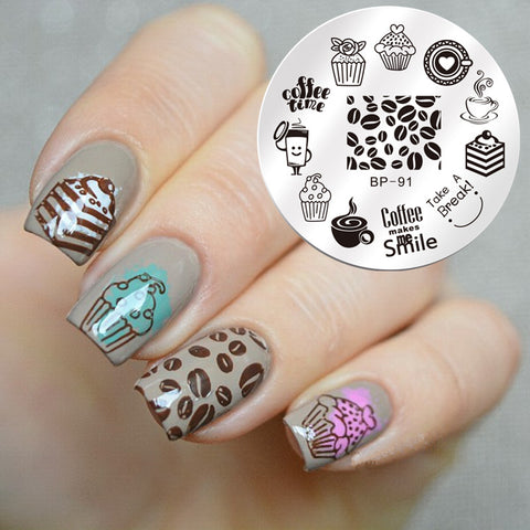 1 Pc BORN PRETTY Round 5.5cm Nail Art Stamp Template Dessert Coffee Time Design Cute Image Nail Stamping Plate BP-91