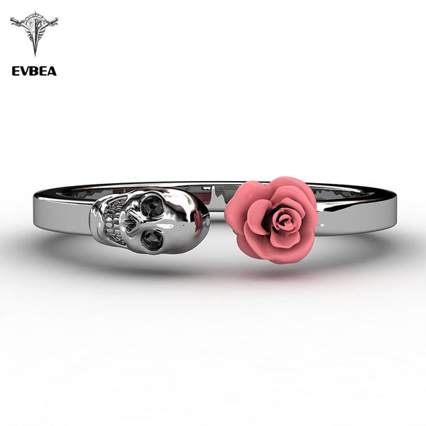 EVBEA Fashion Skull Womens Ring 316L Stainless Steel Punk Rock Rings Charm Female Inlaid Red Rose Rings