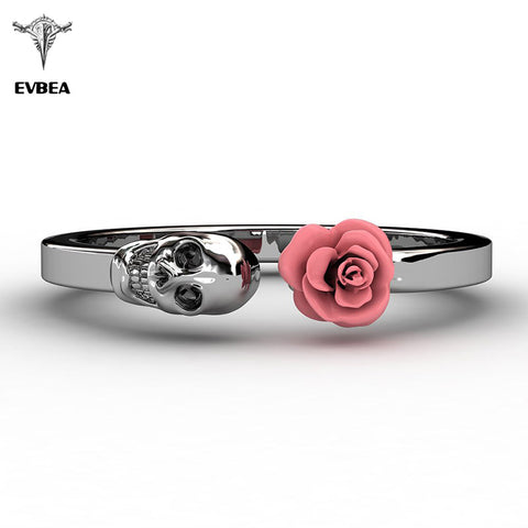 EVBEA Fashion Skull Womens Ring 316L Stainless Steel Punk Rock Rings Charm Female Inlaid Red Rose Rings