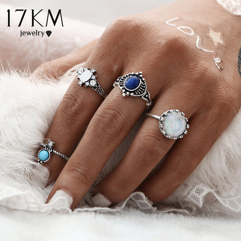 17KM Fashion New 4pcs/Set Silver Color Stone Midi Ring Sets for Women Boho Beach Vintage Turkish Punk Knuckle Ring Jewelry