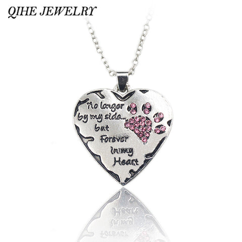 QIHE JEWELRY "no longer be my side but forever in my heart" Pink White Silver Crystal Cats Dogs Paws Claw Print & Heart Necklace