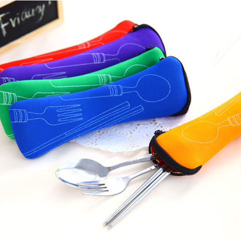 Popular 3X Fork Spoon Travel Stainless Steel Cutlery Portable Bag Picnic