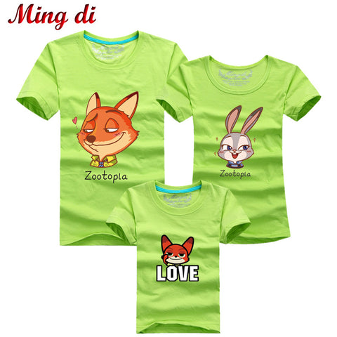 Ming Di 2016 Family Look T Shirts Family Matching Clothes Dad & Mom & Son & Daughter Cartoon Fox Rabbit Family Minions Outfits