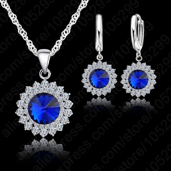 Newest Wedding Jewelry Set 925 Pure Silver Crystal Necklace Pendant/Earrings Trendy  Women Jewelry Set