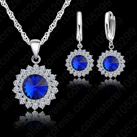 Newest Wedding Jewelry Set 925 Pure Silver Crystal Necklace Pendant/Earrings Trendy  Women Jewelry Set