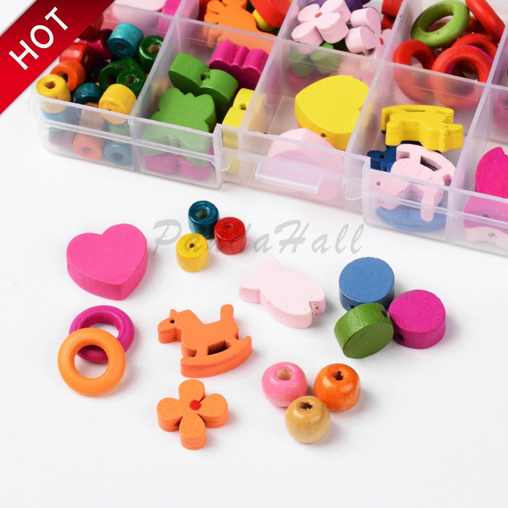 HOT 1Box Mixed Shapes Wood Beads for Jewelry Making Accessories Children Kids Wooden DIY Necklace Mixed Color, 7.5~22mm