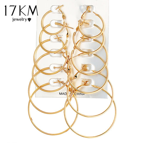 17KM 6 Pair/set Vintage Gold Color Big Circle Hoop Earrings for Women Steampunk Ear Clip Party Jewelry Accessories Gift