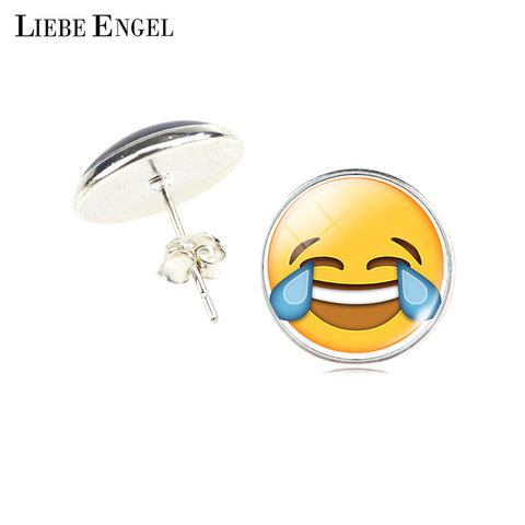 LIEBE ENGEL Vintage Silver Color Emoji Jewelry Women Accessories Fashion Emoticons Glass Cabochon Stud Earrings Fine Jewelry