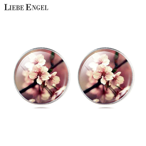 LIEBE ENGEL Vintage Silver Color Earrings Fashion Glass Cabochon Stud Earrings Fresh Flower Style Earrings Women Fashion Jewelry