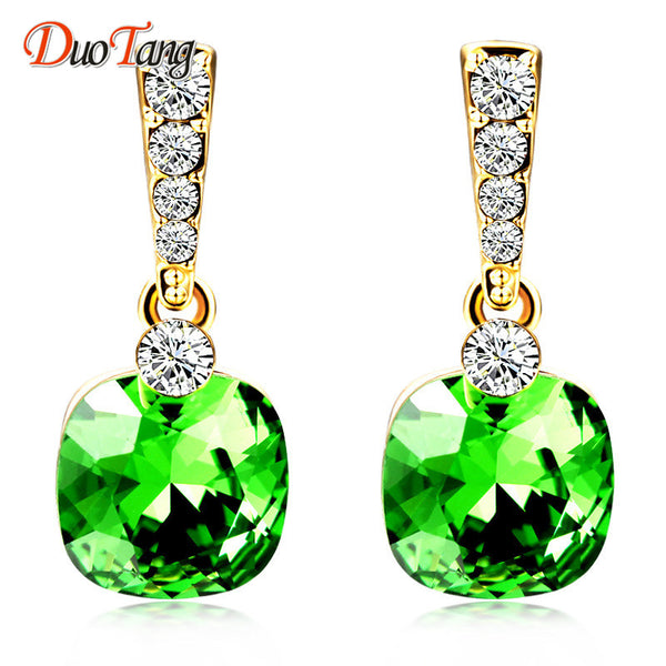 DuoTang Fashion Stud Earrings Trendy Zinc Alloy Geometric Rhinestone Green Blue Crystal Earring Statement Jewelry Women Gift