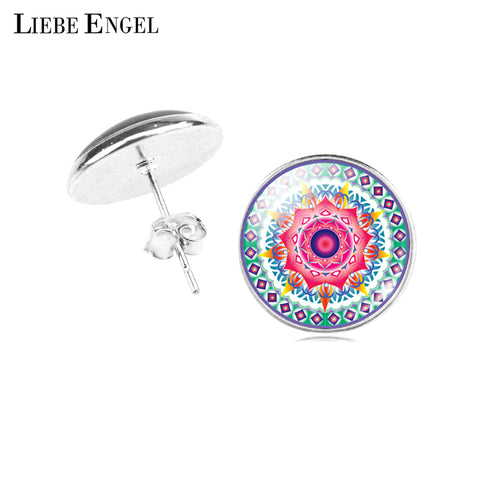 LIEBE ENGEL Classic Mandala Flower OM Symbol Buddhism Zen Picture Glass Cabochon Stud Earring Vintage Silver Color Jewelry Women