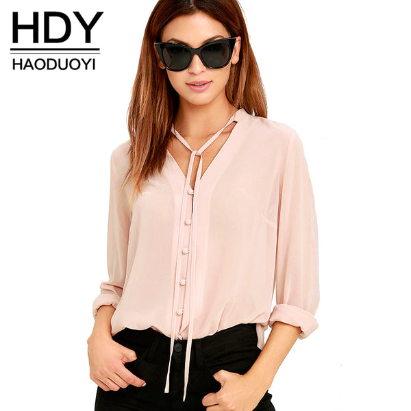 HDY Haoduoyi Solid Color Fashion Women Shirts Single Breasted V Neck Long Sleeve Blouse Casual Brief Style Female Chiffon Shirt