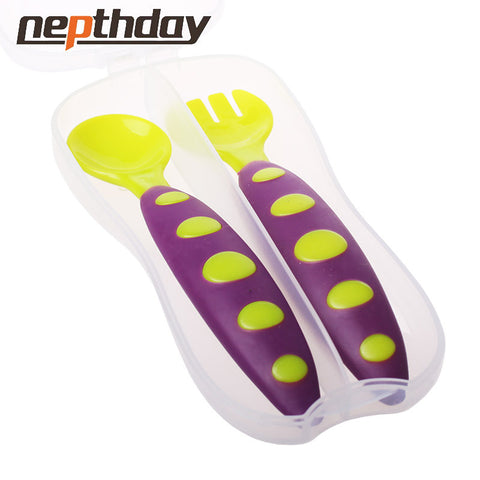 Safe Plastic Baby Spoon+ Fork Colorful Anti-Skid Handle Learning Tableware Children Dishes With Storage Box 2 pcs/Set 13-175/148