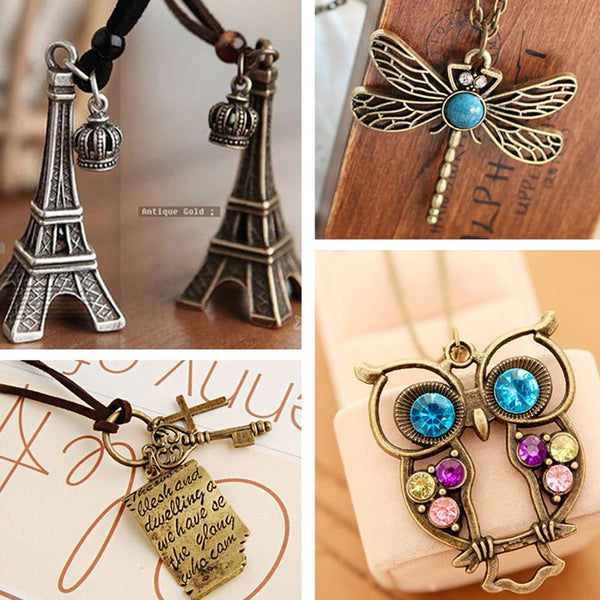 Vintage Necklaces Women Cross Key Love Letters Owl Pendant Necklace Antique Collares Fashion Jewelry Bijoux One Direction