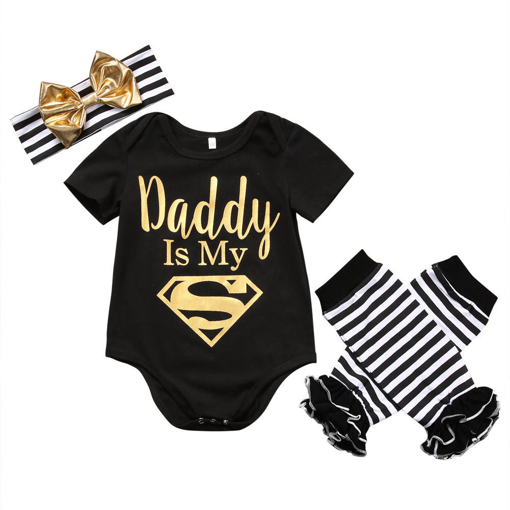 Dad is My Superman Newborn Infant Baby Girls Clothes Short Sleeve Romper Striped Legging Warmer Headwear 3PCS Outfit Clothing