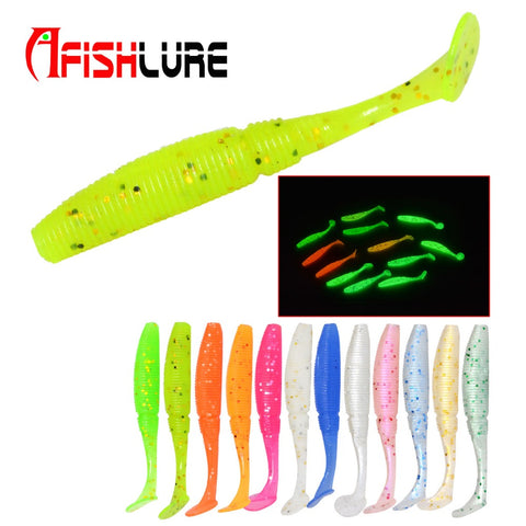 15pcs/lot Luminous Paddle Tail Soft Grubs 1g 50mm Glow in Dark T Tail Lure Jig Head soft lure for bass Fishing Mandarin fishing