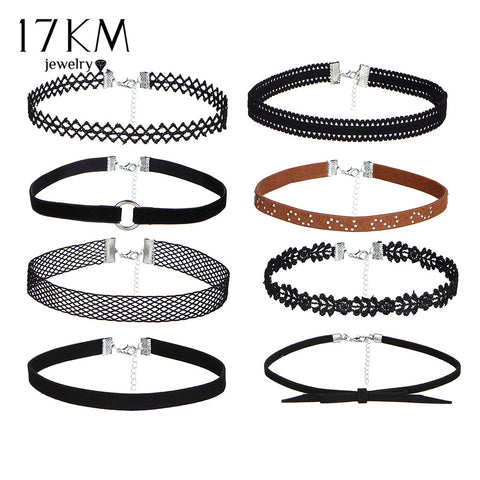 17KM 8 PCS/Set PU Leather Choker Necklaces Set for Women Steampunk Collar Lace Necklace Jewelry Gothic Tattoo Collier Femme
