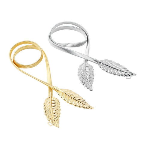 Women Leaf Design Belt Metal Leaves Cummerbund Clasp Front Stretch Waistband Gold Silver elastic Waist Belt Leaves Chain Belt