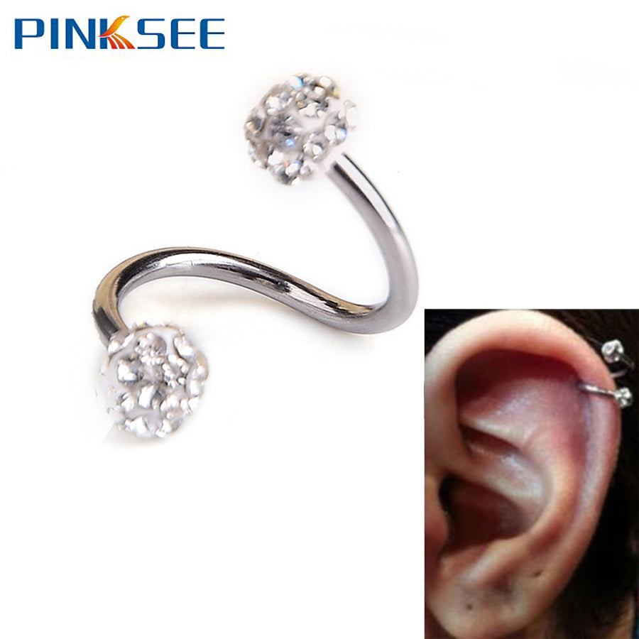 1 PC Gauge 18G S Ear Labret Ring Surgical Stainless Steel Crystal Double Balls Twisted Helix Cartilage Earring Piercing Body Je