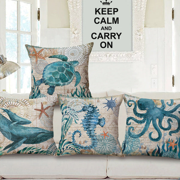 Marine Ocean Style Sea Turtle Patterns Square 18" Cotton Linen Sea Horse Sofa Throw Cushion Covers octopus Home Decor Pillows