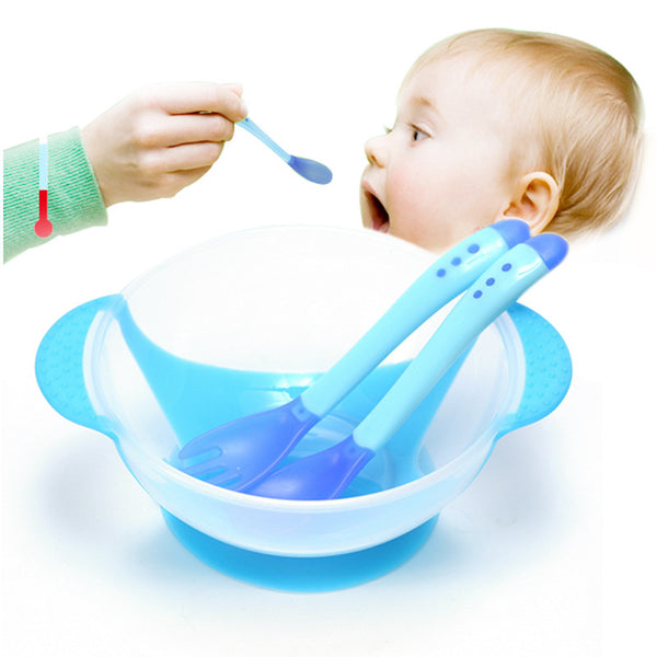 3Pcs/set Baby Learning Dishes With Suction Cup Assist Bowl Temperature Sensing Spoon Fork Tableware Kids Safety Dinnerware Set
