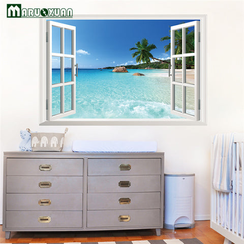 Huge 90*60CM Removable Beach Sea 3D Window View Scenery Wall Sticker Decor Decals for Living Room and Bedrooms